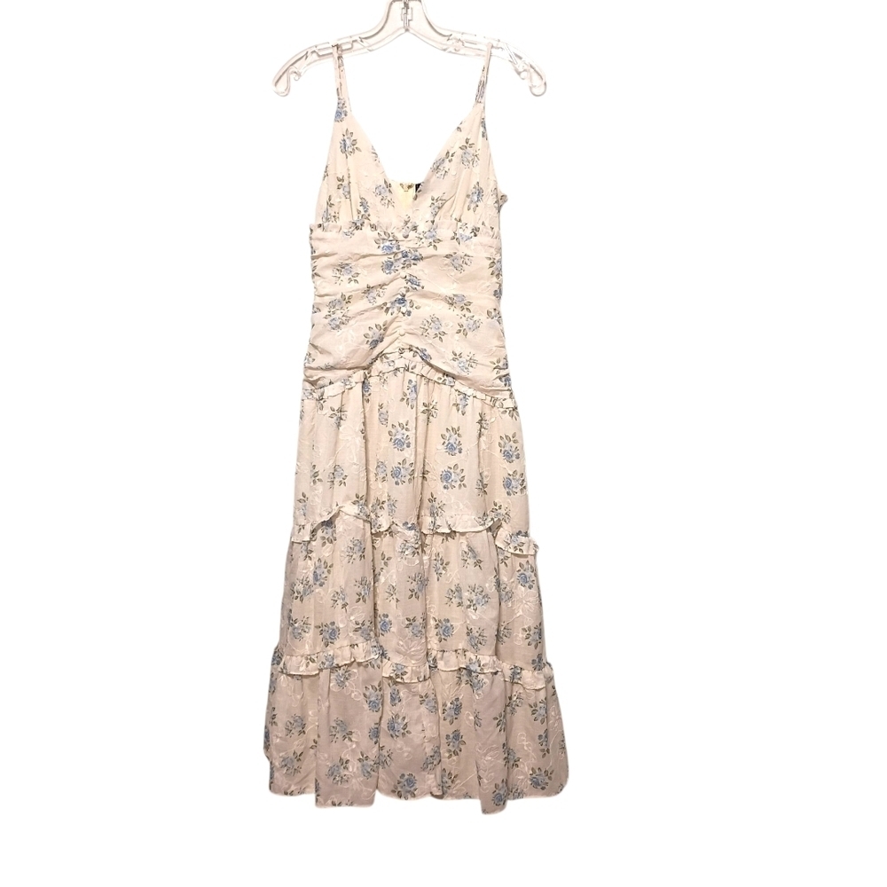 Fab'rik - Ivory/Blue Floral Midi Length Dress - Size Small